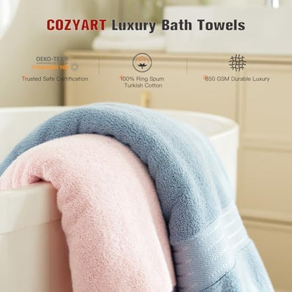 COZYART Luxury Bath Towels 4 PCS, 650 GSM Turkish Cotton, Pink+Light Blue