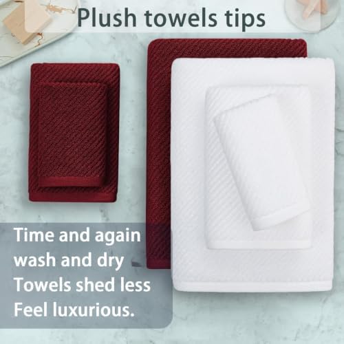 VOOVA & MOVAS 6PC Towel Set, 100% Cotton, Burgundy Red White