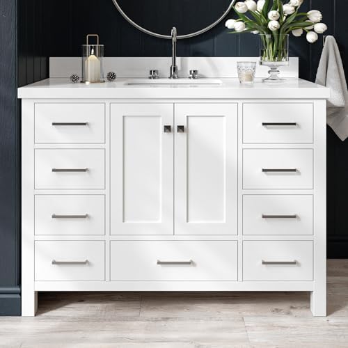 ARIEL Cambridge 48-inch Bathroom Vanity with Sink,Solid Wood, 1.5-inch Pure White Quartz Countertop & Backsplash, Single Rectangular Porcelain Sink, 2 Soft Closing Doors, 9 Dovetail Drawers, White