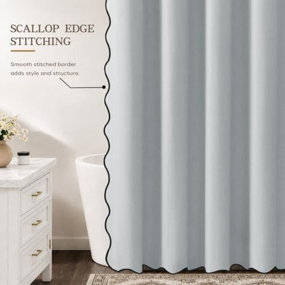 Furlinic Dusty Blue Scalloped No Hook Shower Curtain Waterproof Linen 78x75
