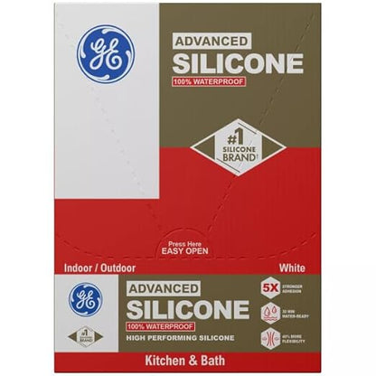 GE Advanced Silicone Caulk for Kitchen & Bathroom, White, 2.8 fl oz Tube, 12 Pack - 100% Waterproof Silicone Sealant, 5X Stronger Adhesion, Shrink & Crack Proof