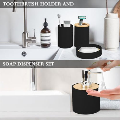RRM Bamboo Bathroom Accessories Set 4 Pcs, Boho Bathroom Decor, Black