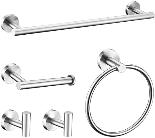 5 Pieces Brushed Nickel Bathroom Hardware Accessories Set, SUS304 Stainless Steel 24 Inch Bath Towel Bar Set, Round Bathroom Towel Holder Set, Towel Racks for Bathroom Wall Mounted