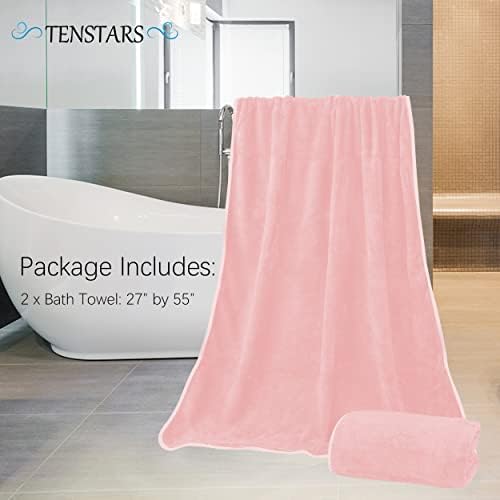 TENSTARS Silk Hemming Bath Towels for Bathroom Clearance - 27 x 55 inches - Light Thin Quick Drying - Soft Microfiber Absorbent Towel for Bath Fitness, Sports, Yoga, Travel, Gym - 2 Pack, Pink