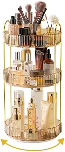 Asayuee 360 Rotating Makeup Organizer,3 Tier Large Capacity Make Up Organizers and Storage,Skincare Perfume Vanity Organizers,Bathroom Cosmetics Storage Organizer Countertop(Gold)