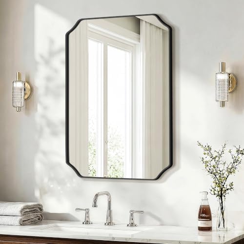 Delma Bathroom Vanity Mirror, Black Framed Aluminum Bathroom Mirror for Over Sink, Scalloped Round Corner Wall Mirror, High-Definition Vanity Mirror, Hangs Horizontally or Vertically (30x20, Black)