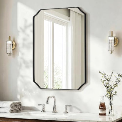 Delma Bathroom Vanity Mirror, Black Framed Aluminum Bathroom Mirror for Over Sink, Scalloped Round Corner Wall Mirror, High-Definition Vanity Mirror, Hangs Horizontally or Vertically (30x20, Black)