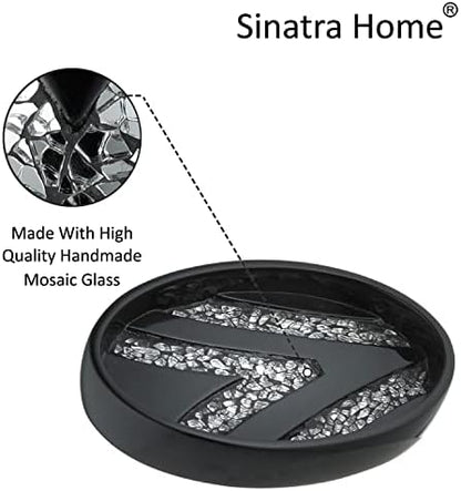 Zahari Home 4pc Sinatra Stylish Bathroom Accessories Set Black Soap Dispenser/Lotion Pump, Tumbler, Tooth Brush Holder and Soap Dish Modern Luxury Decor Bling Mosaic Glass Black Bathroom Accessories