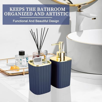 RRM Bathroom Soap Dispenser and Toothbrush Holder Set, Navy Blue