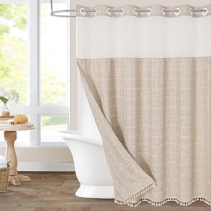 MitoVilla No Hooks Required Farmhouse Shower Curtain with Snap-in Liner - with Window & Magnets, Boho Cotton Linen Fabric Shower Curtains with Tassels for Rustic Bathroom Decor, Tan/Taupe, 72 x 74