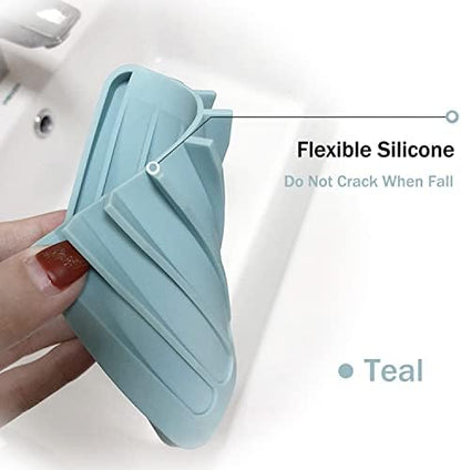 Self Draining Soap Dishes, 3 Pcs Silicone Soap Saver, Waterfall Drainer Soap Holder for Bathroom, Extend Soap Life, Keep Soap Bars Dry Clean & Easy Cleaning (White, Gray, Teal)