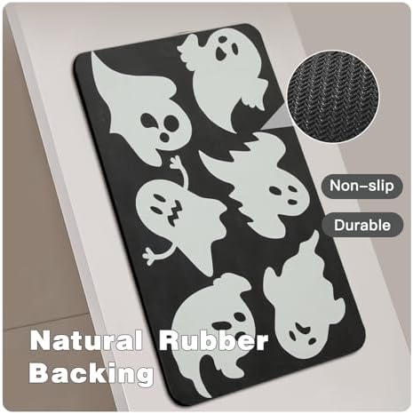 TYUU Thin Halloween Bath Mat, Non-Slip Washable, 17x30 Black Ghosts
