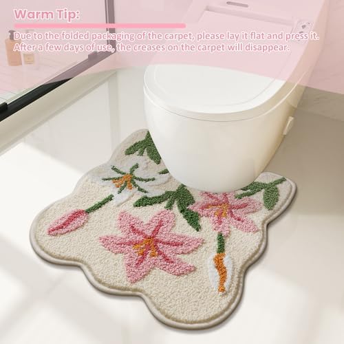 Lily Flower U-Shaped Toilet Mat, Romantic Floral Non-Slip Bath Rug with Wave Edge Design, Soft Absorbent Microfiber Floor Mat for Toilet Base, Machine Washable Bathroom Decor 20x22 (U-Shaped Lily)