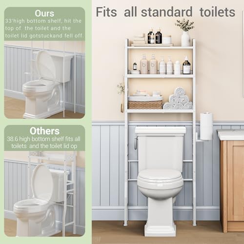 Over the Toilet Storage Shelf 3-Tier Adjustable Bathroom Organizers and Storage Shelves Bathroom Rack Above Toilet Storage with Paper Holder and 4 Hooks Space Saver Storage for Laundry