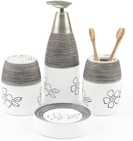 CERBIOR Bathroom Accessories Set,4 PCS Ceramic Bath Accessory,White Flower