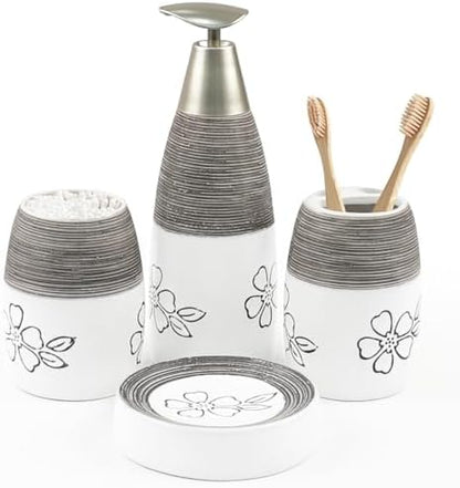 CERBIOR Bathroom Accessories Set,4 PCS Ceramic Bath Accessory,White Flower