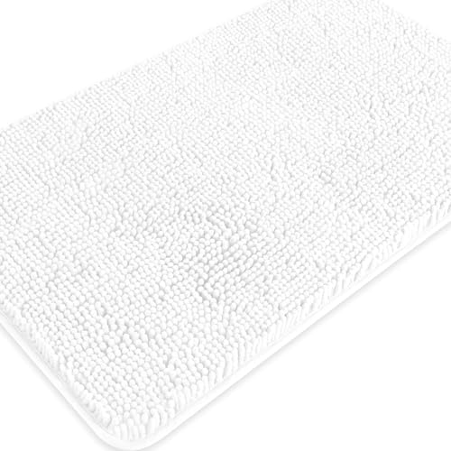 White Bathroom Rugs – Absorbent and Washable Bath Mat, Non-Slip, Thick Soft Chenille Bath Rugs for Bathroom Floor, Shower, Sink - 20" x 32"