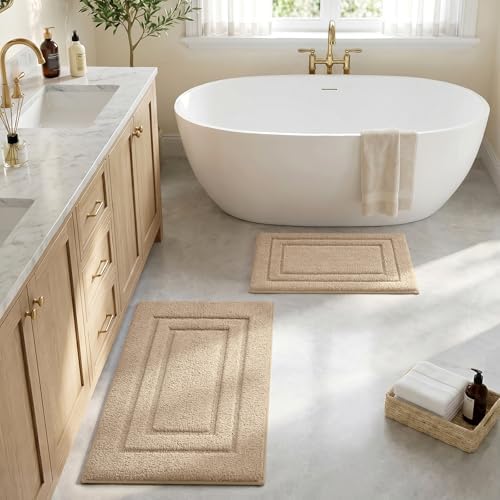 HOMEIDEAS Bathroom Rugs Sets 2 Piece, Super Soft and Absorbent Non Slip Microfiber Machine Washable Bath Mat Set (20" x 32" + 16" x 24", Beige)