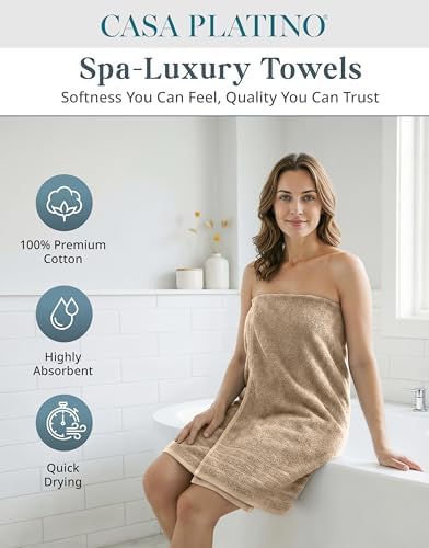 Casa Platino Large Bath Towel Set Absorbent Quick Dry 100% Cotton - Beige