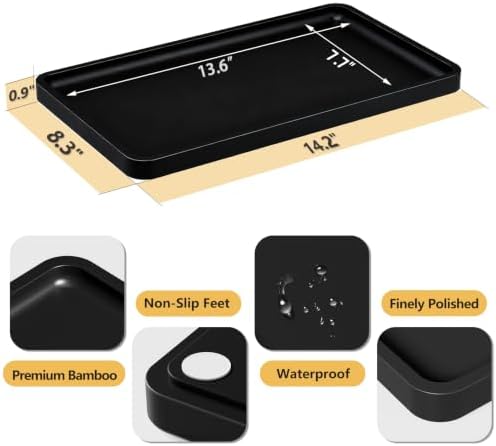 Weenson Black Bathroom Vanity Tray for Countertop Decor Perfume Makeup Toiletries Toilet Tank, Large Bamboo Kitchen Tray for Spice Salt, Serving Tray for Food Coffee, Nightstand Candle 14.2”x8.3”