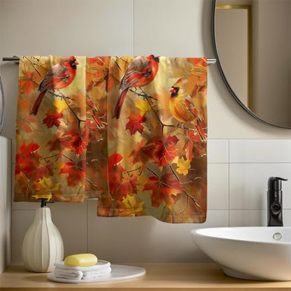 Fall Birds Hand Towels Set of 2, 14x28 Inch Autumn Rustic Maple Leaves Thanksgiving Harvest Decorative Tea Towel Drying Baking Cooking Wash Cloth for Bathroom Kitchen Decor