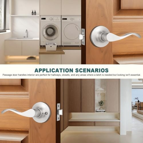 GOBEKOR 4 Pack Passage Door Levers Brushed Nickel Closet Door Handles Keyless Interior Door Handle Lock Wave Reversible Lever Door Handles