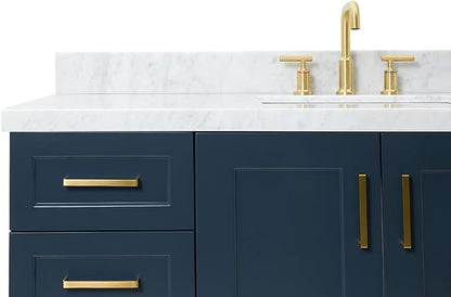 DKB Emilia 54" Midnight Blue Bathroom Vanity with Sink, 1.5" Edge Italian Carrara Marble Countertop, Rectangular Undermount Sink, 2 Soft-Closing Doors, 9 Dovetail Drawers
