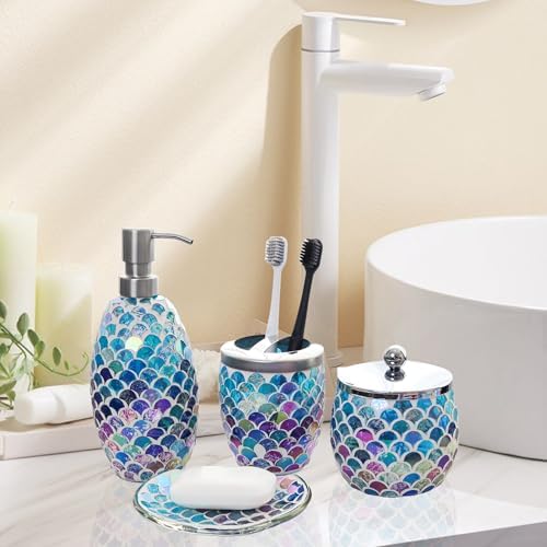 Escenzy Mermaid Bathroom Accessories Set 4 Pcs | Handcrafted Mosaic Glass Soap Dispenser, Toothbrush Holder, Cotton Jar, Soap Tray | Luxury Mermaid Bathroom Decor | Coastal Boho Gift