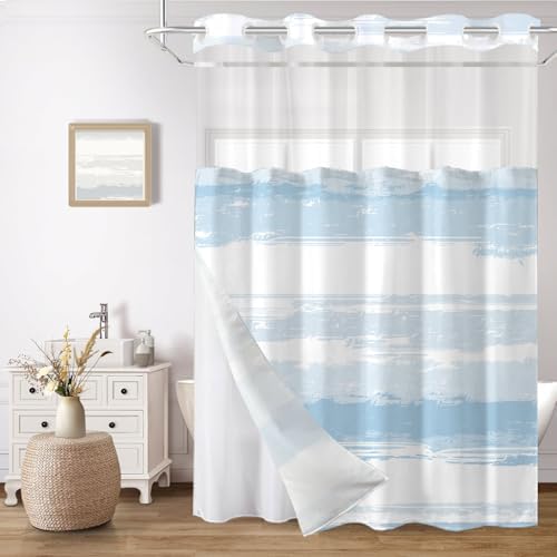 No Hook Shower Curtain with Liner, Light Blue Stripe, 71x74 Inch