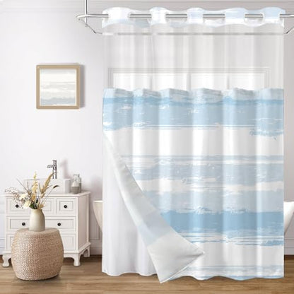 No Hook Shower Curtain with Liner, Light Blue Stripe, 71x74 Inch