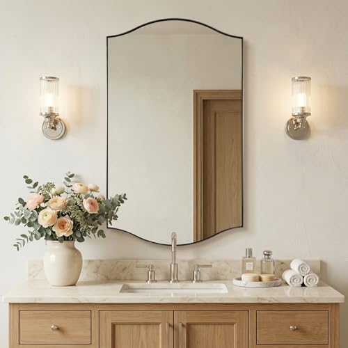 ANDY STAR Rectangle Scalloped Mirror, 24"x40" Brushed Nickel Bathroom Mirror in SUS304 Stainless Steel Metal Frame, Silver Vanity Mirror with Unique Arched Top Design