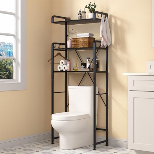 Huhote Over-The-Toilet Storage Rack with 3-Tier Shelves, Space Saver Toilet Shelf, Bathroom Storage Organizer with Hooks for Over-Toilet Storage (Black)