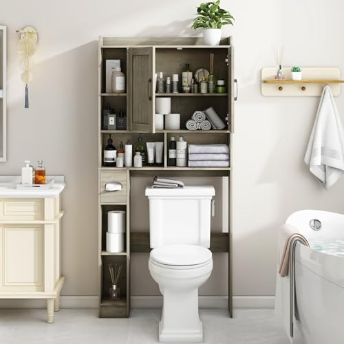 Vabches Farmhouse Over The Toilet Storage Cabinet with Barn Door, Gray Oak