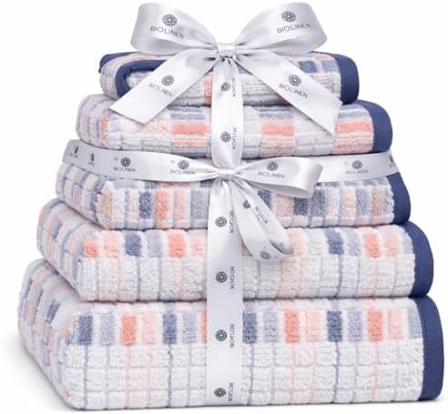 BIOLINEN Blue 6 Piece Towel Set, 2 Bath Towels 2 Hand Towels 2 Washcloths, 100% Cotton Soft Absorbent Towel Sets for Bathroom Home Gym Spa Travel
