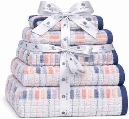BIOLINEN Blue 6 Piece Towel Set, 2 Bath Towels 2 Hand Towels 2 Washcloths, 100% Cotton Soft Absorbent Towel Sets for Bathroom Home Gym Spa Travel