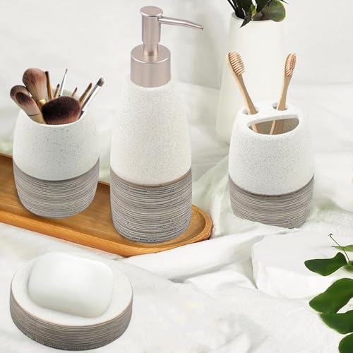 CERBIOR Bathroom Accessories Set,4 PCS Ceramic Bath Accessory,Grey White