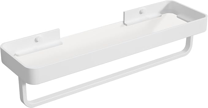 16 Inch Long Floating Bathroom Shelf with Towel Bar, Clear Tempered Glass Wall Shelf with Hand Towel Holder for Bathroom Storage Organizer, Matte White