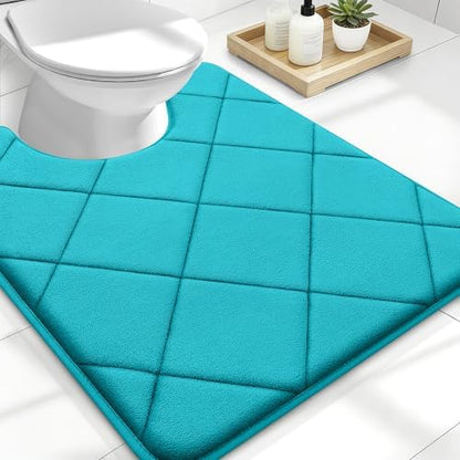 OLANLY Memory Foam Toilet Rugs U-Shaped 24x20, Ultra Soft and Absorbent Bathroom Rugs, Machine Washable Quick Dry, Comfortable Bathroom Contour Bath Mats for Toilet Base, Teal