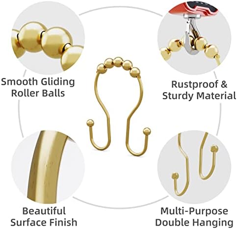 Bathway Gold Shower Curtain Hooks, Shower Curtain Hook Shower Curtain Rings Rust Proof Smooth Double Shower Curtain Hooks, Shower Hooks for Shower Curtain Bathroom Shower Rod Hook 12 Pcs