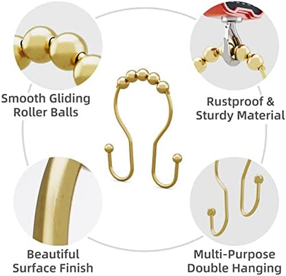 Bathway Gold Shower Curtain Hooks, Shower Curtain Hook Shower Curtain Rings Rust Proof Smooth Double Shower Curtain Hooks, Shower Hooks for Shower Curtain Bathroom Shower Rod Hook 12 Pcs