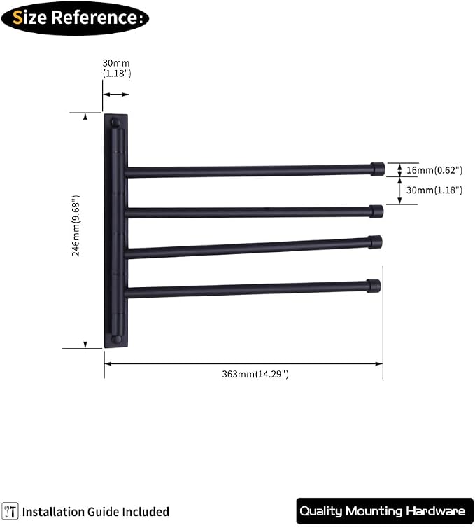 GERZWY Swivel Towel Bar SUS 304 Stainless Steel 4-Arm Bathroom Swing Hanger Towel Rack Holder Storage Organizer Space Saving Wall Mount Matte Black HYG04-BK