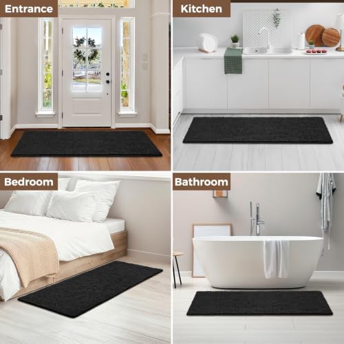 Bcoimo Bath Rug Mat, 60x24 Chenille Non Slip Black Long Bathroom Runner Rug