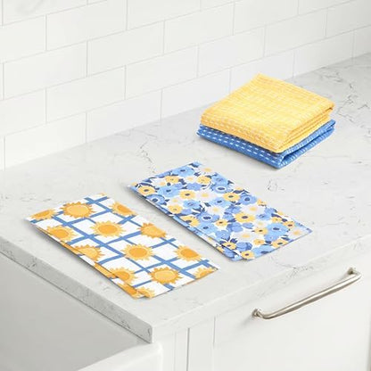 Ritz 4-Piece Kitchen Towel Set, Field Blossoms Floral & Le Soleil Sun Grid Prints with Yellow & Blue Textured Terry, 100% Cotton & Absorbent Blend, 16" x 26", French Country Summer Kitchen Decor