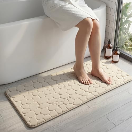 YIHOUSE Memory Foam Runner Rug, Cobblestone Bathroom Runner Rugs Super Water Absorbent Bath Mats for Bathroom Machine Washable Bath Rugs for Hallway Bedroom Laundry Room(20 x 47,Khaki)