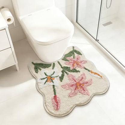 Lily Flower U-Shaped Toilet Mat, Romantic Floral Non-Slip Bath Rug with Wave Edge Design, Soft Absorbent Microfiber Floor Mat for Toilet Base, Machine Washable Bathroom Decor 20x22 (U-Shaped Lily)