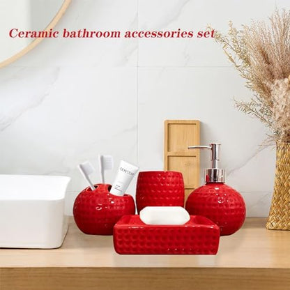 Bathroom Accessories Set,4 Pcs Red Ceramic Bathroom Accessory Set Complete with Toothbrush Holder,Tumbler,Lotion Dispenser, Soap Dish Perfect for Bathroom Theme Gift