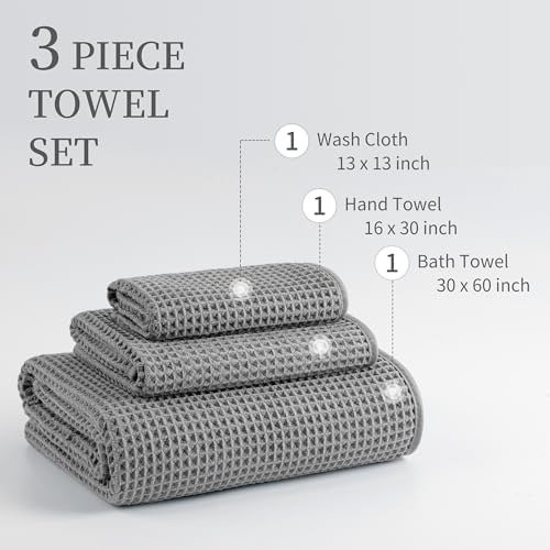 MICROFI Microfiber Waffle Bath Towels, 3 Pieces, Oversized, Soft, Absorbent, Fast Drying, Lint Free, Includes Bath, Face and Hand Towels 430 GSM