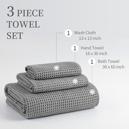 MICROFI Microfiber Waffle Bath Towels, 3 Pieces, Oversized, Soft, Absorbent, Fast Drying, Lint Free, Includes Bath, Face and Hand Towels 430 GSM
