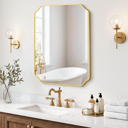 Gold Vanity Bathroom Mirror, 24" x 30" Scalloped Mirror for Wall