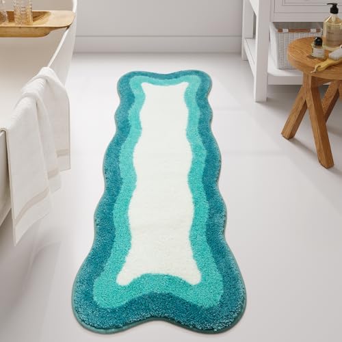 HAOCOO Aqua Blue Gradient Scalloped Runner Rug, 24x59 Inch Irregular Shape Bath Rug,Washable Absorbent Bathroom Runner Rug for Bedroom Bathtub Sink Shower